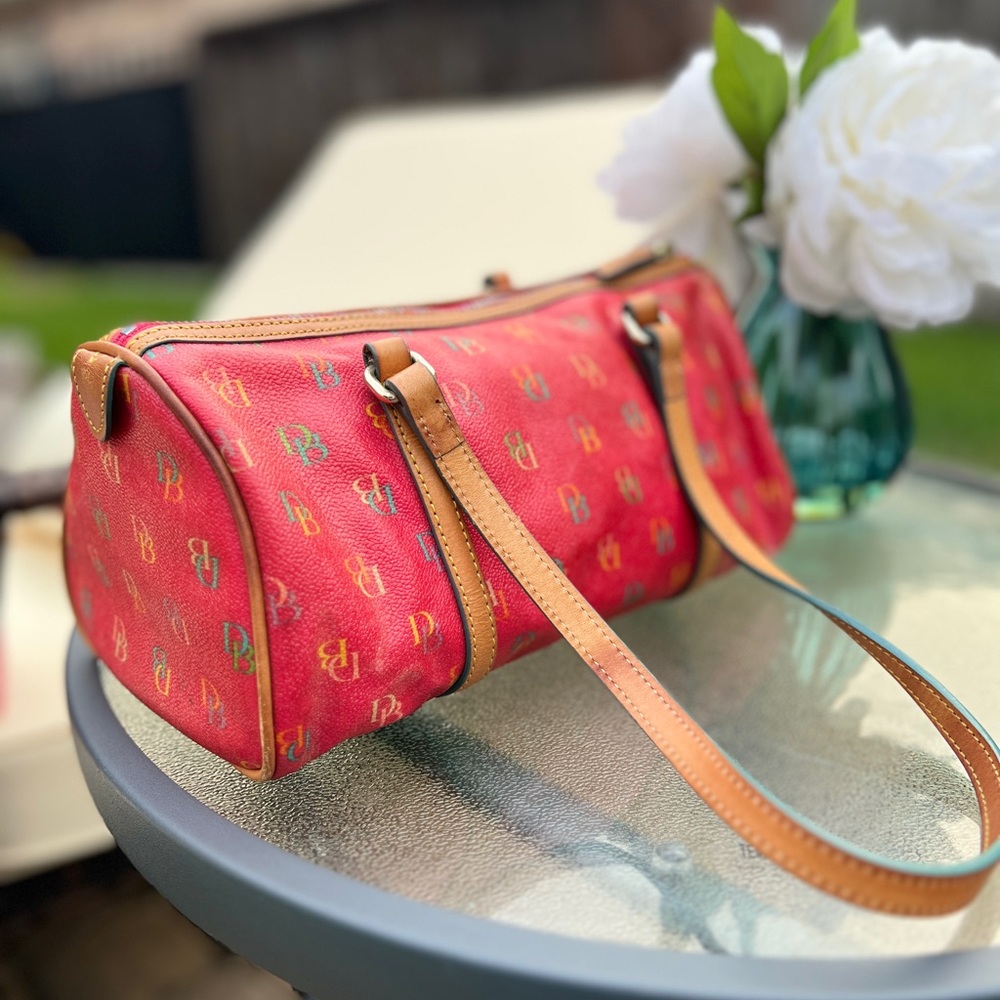Dooney and Bourke red and Tan Monogram Barrel Bag